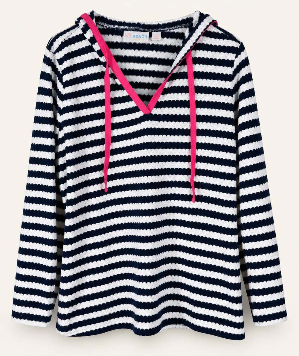 Belle Beach Kim Gravel Striped Hooded Cover Up Size L Blue White